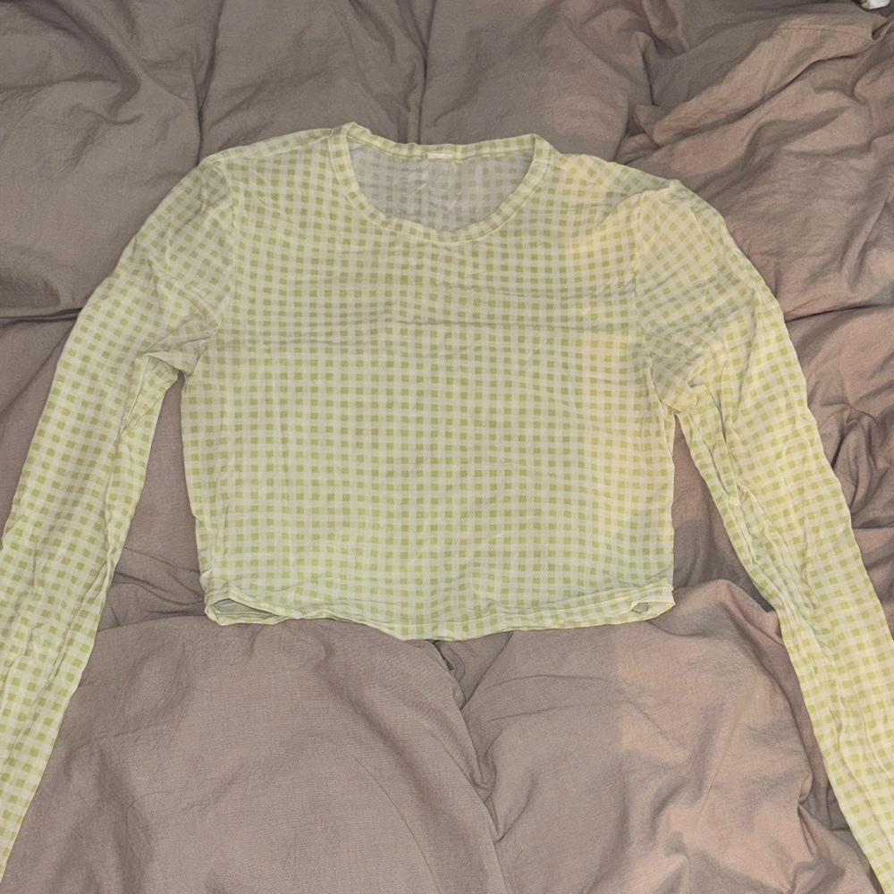 ALO Yoga Bright Green Gingham Long Sleeve Mesh Top